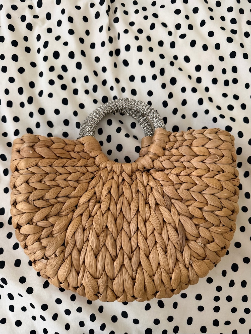 Woven Straw Top-Handle Bag with Rhinestone Handle - Natural